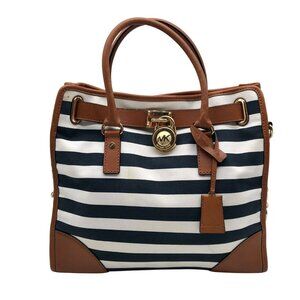 Michael Kors Navy Blue & White Striped Canvas Hamilton Tote Bag